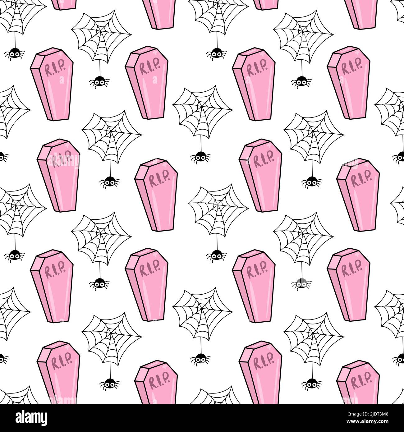 Vektor Nahtloses Muster für Halloween. Niedlicher Hintergrund mit rosa Särgen und Spinnen. Stock Vektor