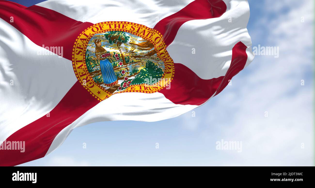Die Florida State Flag winkt im Wind. Im Hintergrund ist der Himmel klar. Florida ist ein Staat im Südosten der Vereinigten Staaten Stockfoto