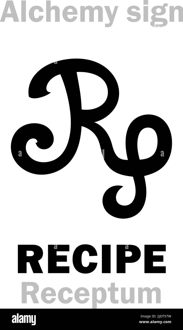 Alchemy Alphabet: REZEPT / obs.RECEPTUM < Recipe, Rezept – alchymische Zubereitung (Formel Alchymica), Pharmaceutical Prescript. Stock Vektor