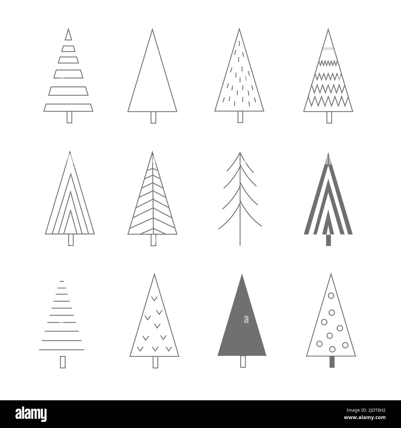 Weihnachtsbaum lineare Symbole gesetzt, Vektor Umriss Zeichnung. Xmas neues Vorabend-Baum-Symbol, einfache Piktogramm-Sammlung. Designelemente für die Wintersaison isoliert Stock Vektor