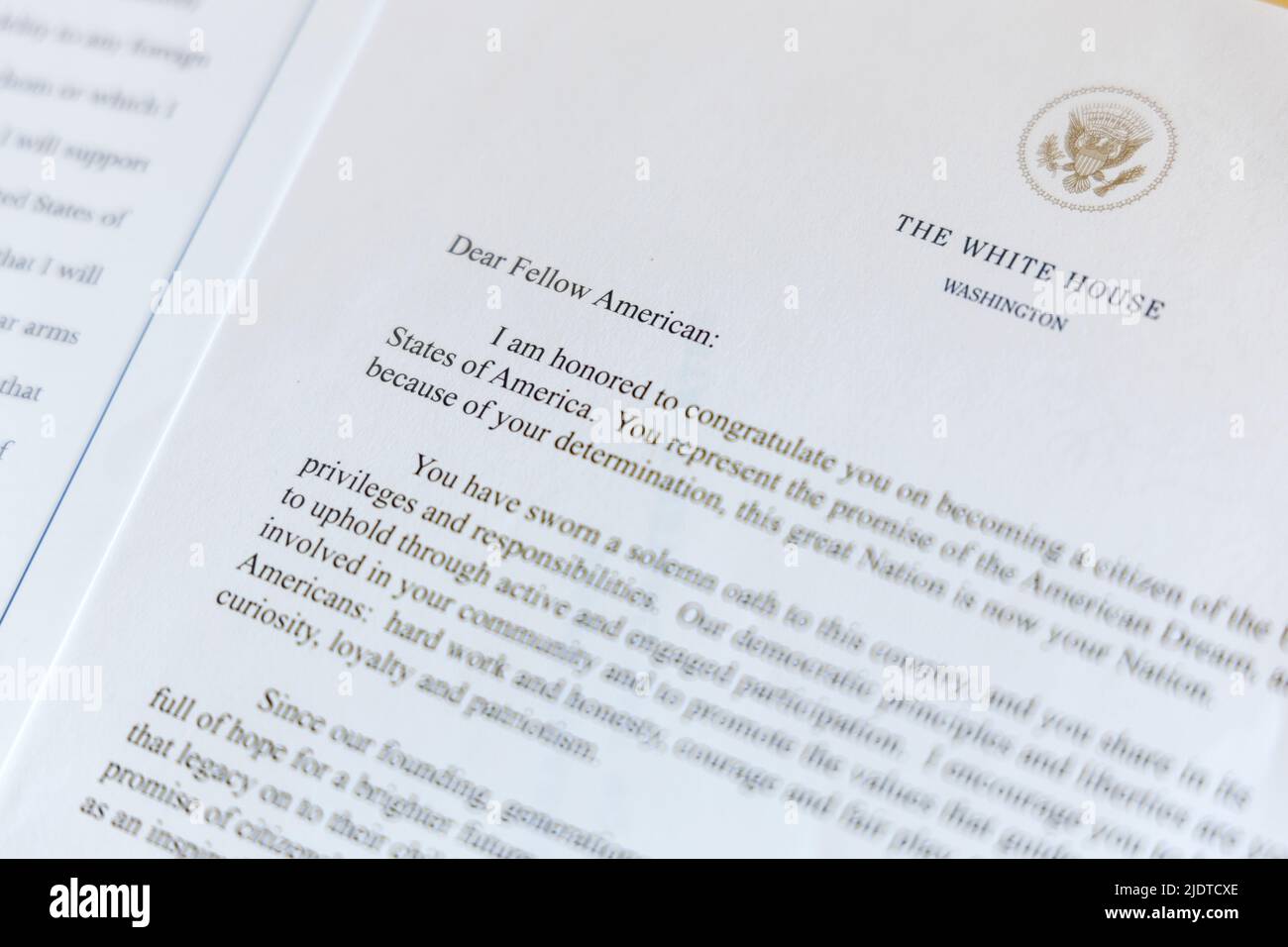 Begrüßungsschreiben des Präsidenten ZUR US-Staatsbürgerschaft Stockfoto