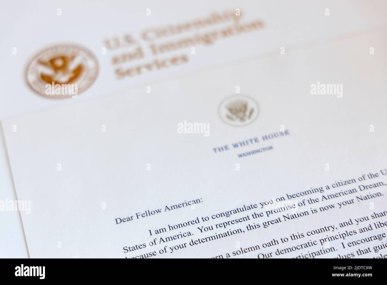 Begrüßungsschreiben des Präsidenten ZUR US-Staatsbürgerschaft Stockfoto