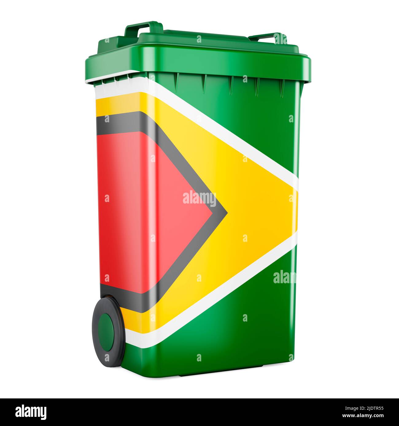 Abfallbehälter mit guyanesischer Flagge, 3D, isoliert auf weißem Hintergrund Stockfoto