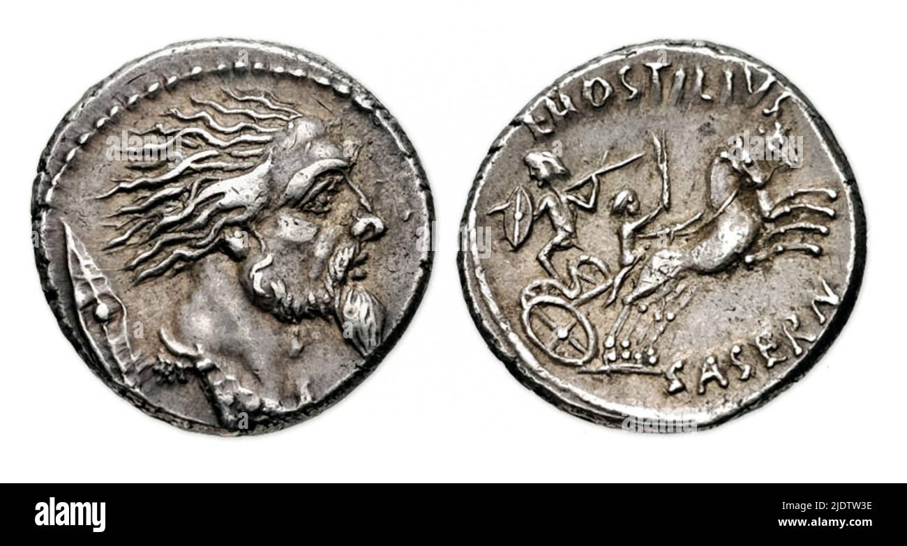 Römische Münze aus dem Jahr 48BC, die den Kopf des Königs Vercingetorix (80-46BC) und des Stammes der Arverni sowie einen Kriegswagen auf der Rückseite zeigt. Stockfoto