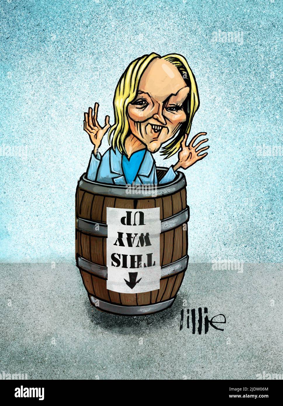 Satirische Karikatur Karikatur Cartoon-Kunst von Mary Elizabeth Truss, AKA Liz Truss, ex-britische konservative Premierministerin, stehend in einem Fass. Stockfoto