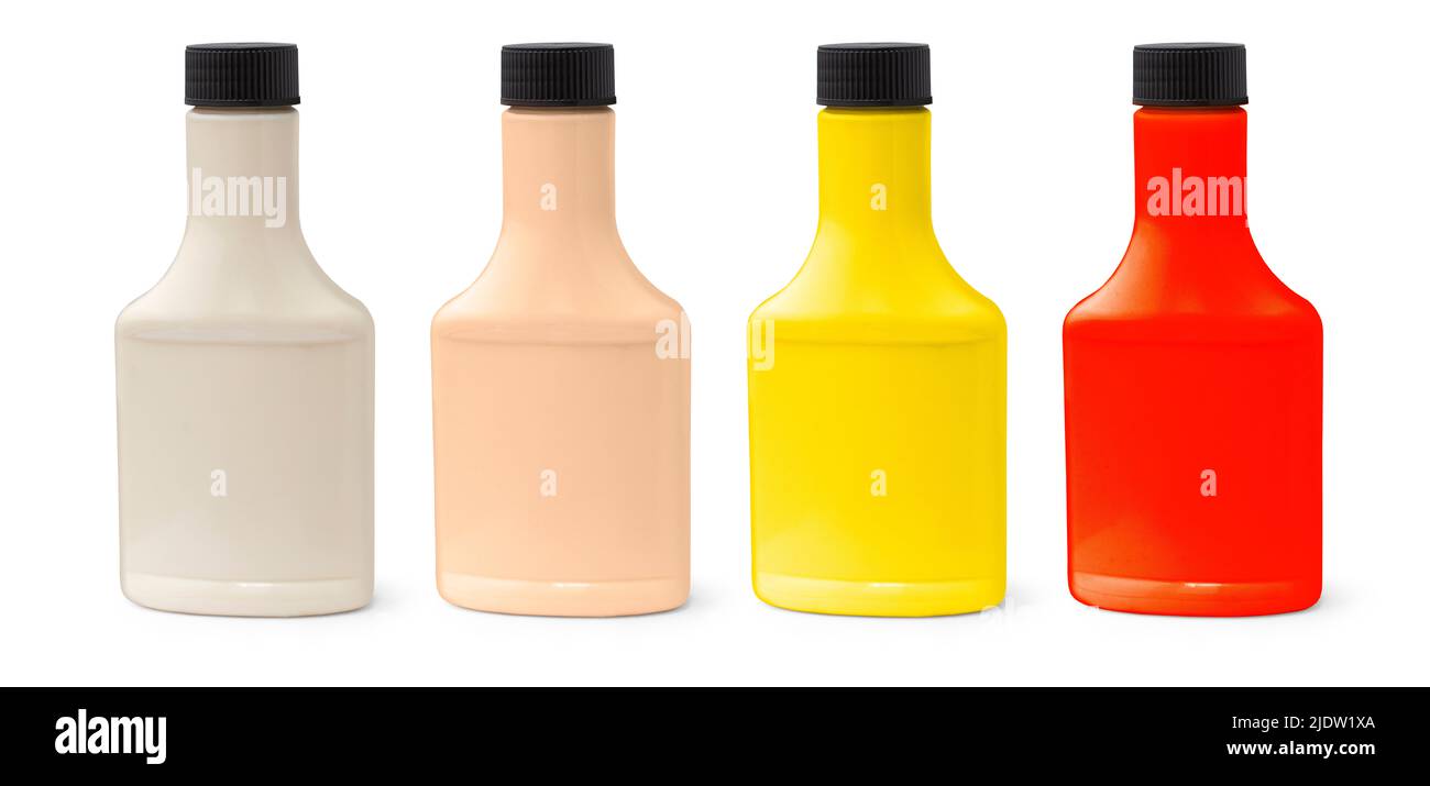 Set von bbq Sauce Plastikflaschen isoliert auf weißem Hintergrund mit Clipping-Pfad Stockfoto