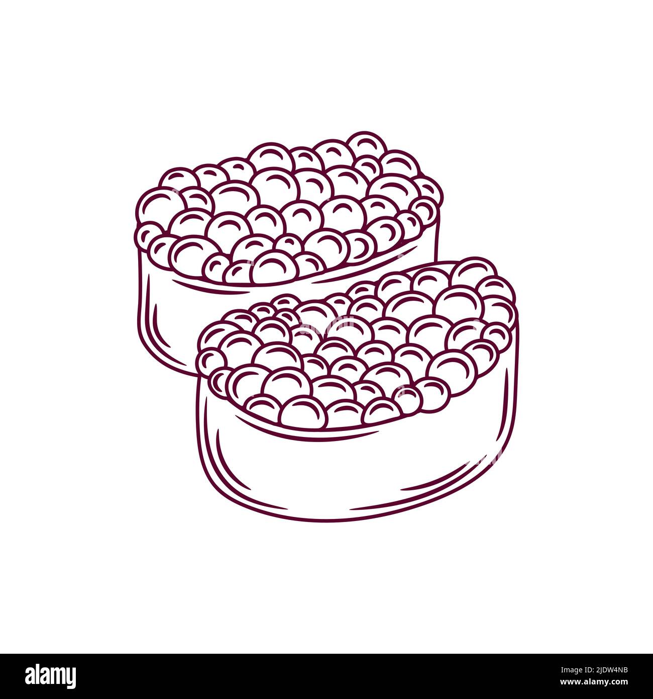 Ikura Sushi-Rollenumriss. Japanische Ikone der traditionellen Küche mit Lachskaviar. Isolierte handgezeichnete Vektorgrafik für Meeresfrüchte. Stock Vektor