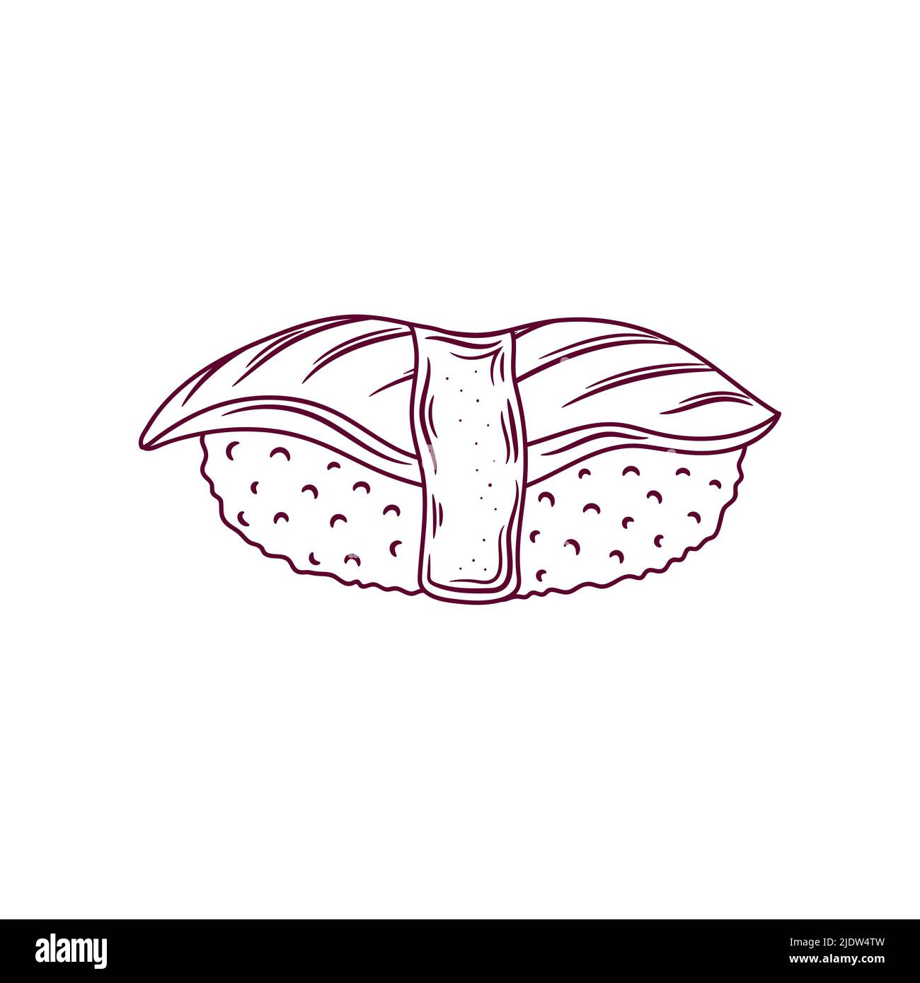 Maguro Sushi-Umriss. Japanische traditionelle Lebensmittel-Ikone mit Thunfisch-Filets. Isolierte handgezeichnete Vektorgrafik für Meeresfrüchte. Stock Vektor