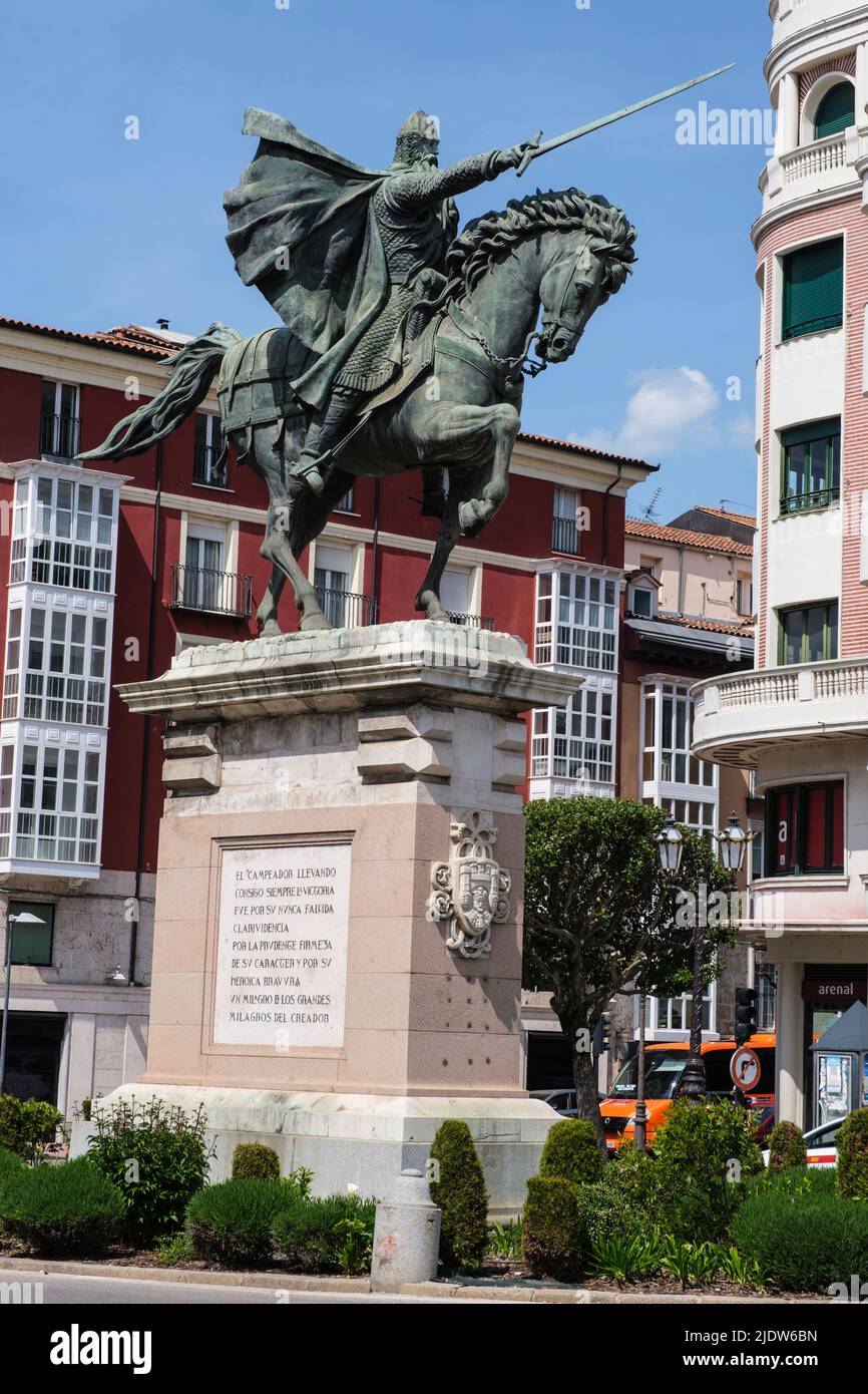 Spanien, Burgos. Statue von El Cid, El Compeador, Rodrigo Díaz de Vivar, mittelalterlicher Söldner-Kämpfer. Stockfoto