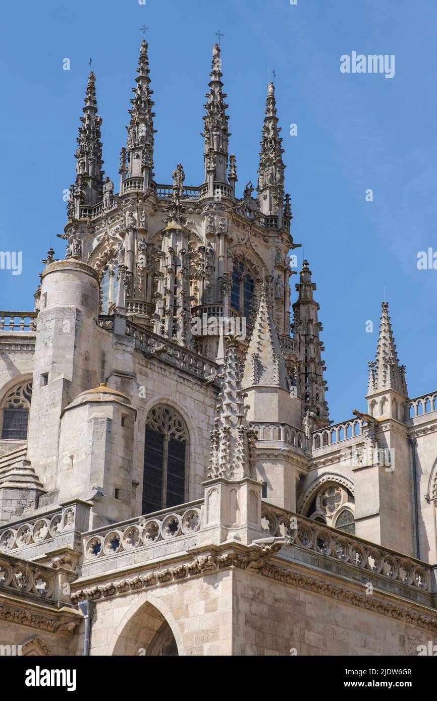 Spanien, Burgos. Kathedrale Santa Maria, im gotischen Stil, ein Weltkulturerbe, zeigt den achteckigen Turm. Stockfoto