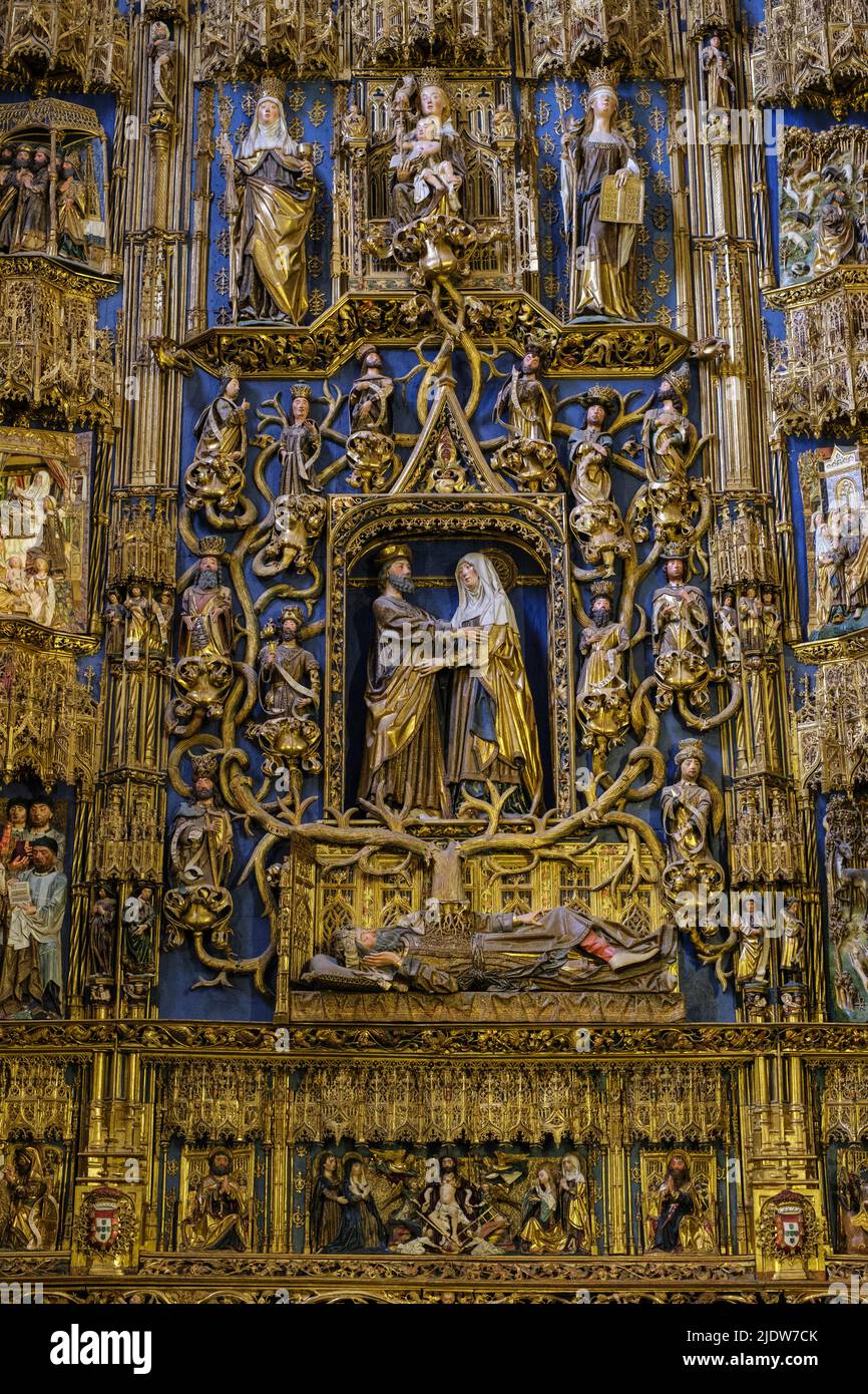 Spanien, Burgos. Kathedrale von Santa Maria. Einzelheiten im Altarbild (Retablo) in der Kapelle von Santa Ana, auch als Kapelle der Empfängnis bekannt. Jesse Stockfoto