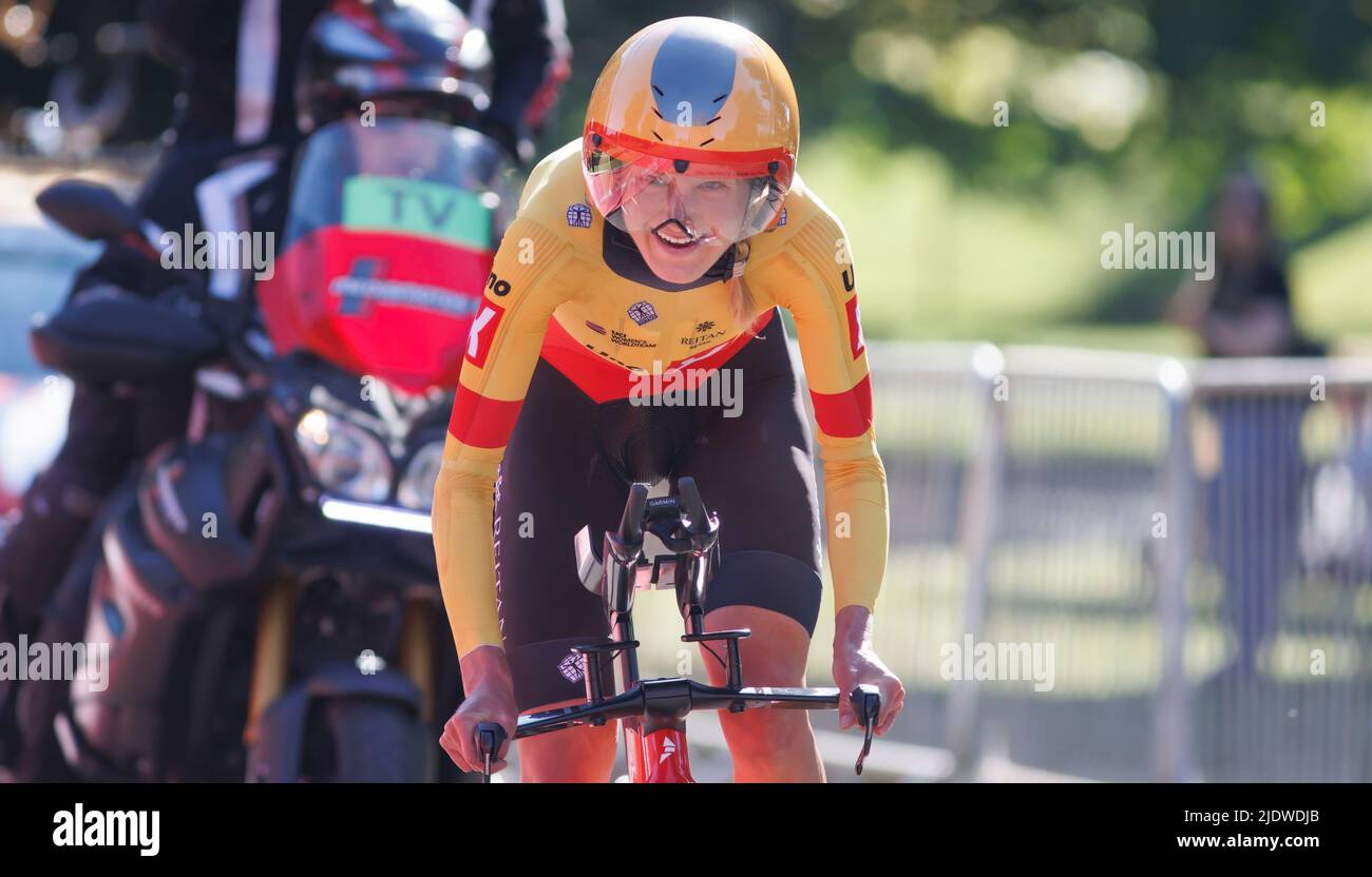 Joscelin Lowden holt Gold nach dem Zeitfahren der British Women's National Road Championships 2022 im Crichton Estate, Dumfries. Bilddatum: Donnerstag, 23. Juni 2022. Stockfoto