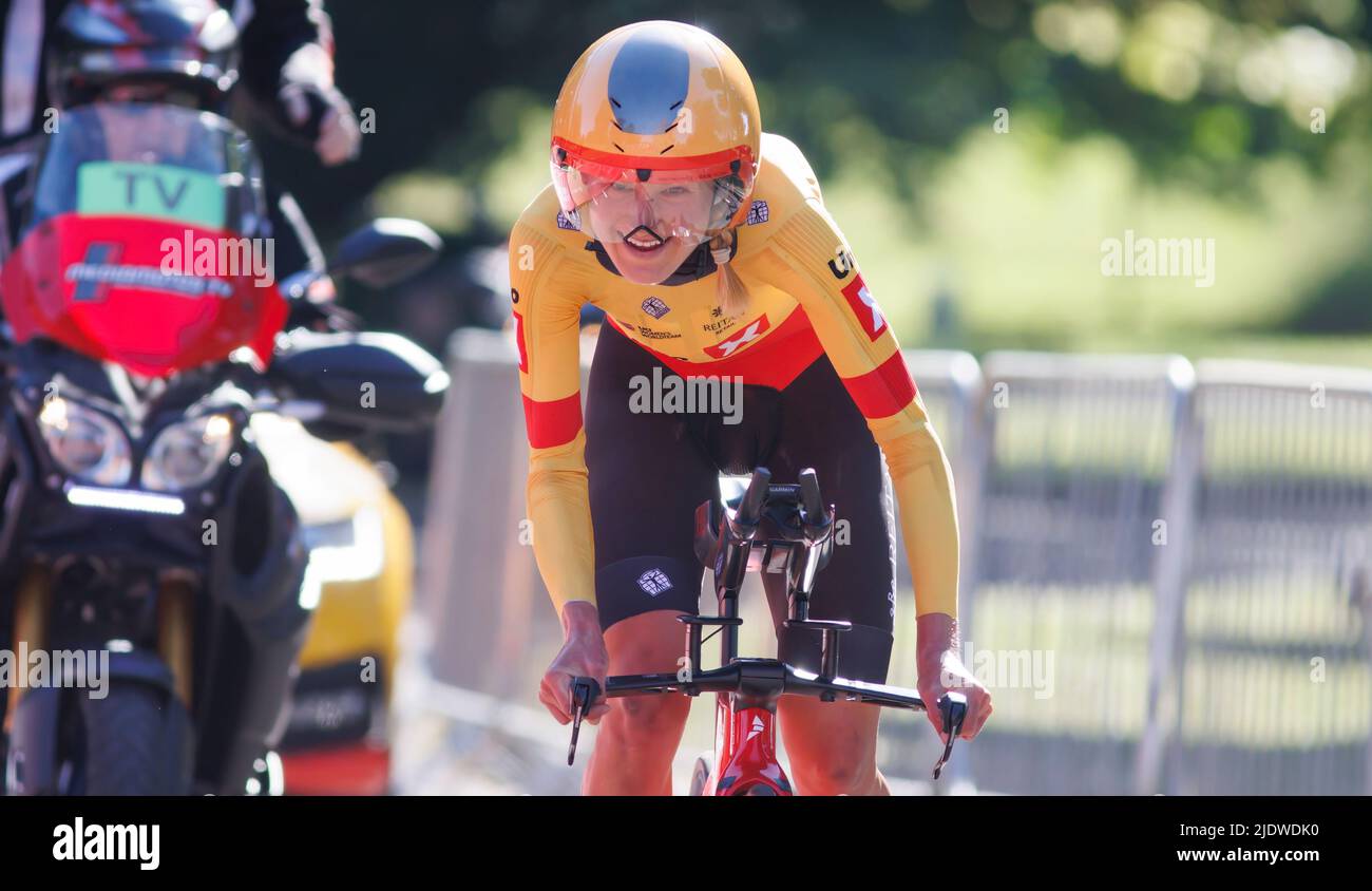 Joscelin Lowden holt Gold nach dem Zeitfahren der British Women's National Road Championships 2022 im Crichton Estate, Dumfries. Bilddatum: Donnerstag, 23. Juni 2022. Stockfoto