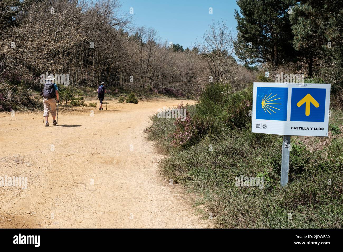 Spanien, Camino de Santiago. Schilder oder Markierungen mit Pfeilen und Jakobsmuscheln weisen den Weg zum Camino. Stockfoto