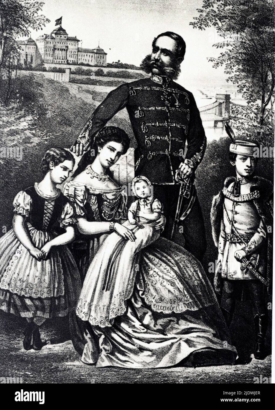 1869 , Godollo , Ungarn : die berühmte österreichische Kaiserin Elisabeth von HABSBURG ( SISSI von Wittelsbach , 1937 - 1898 ) mit seinem Ehemann Kaiser Franz Josef ( 1830 - 1916 ) , Kaiser von Österreich , König von Ungarn und Böhmen und die 3 Söhne : Kronprinz Rudolf ( 1850 - 1889 ) , GISELA ( 1856 - 1932 ) und MARIE VALERIE ( 1868 - 1924 ) - FRANCESCO GIUSEPPE - JOSEPH - ABSBURG - ASBURG - ASBURGO - ADEL - NOBILI - NOBILTA' - REALI - HASBURG - LIZENZGEBÜHREN - ELISABETTA DI BAVIERA - RODOLFO - FIGLI - FAMILIE - FAMIGLIA ---- ARCHIVIO GBB Stockfoto 1869 , Godollo , Ungarn : die berühmte österreichische Kaiserin Elisabeth von HABSBURG ( SISSI von Wittelsbach , 1937 - 1898 ) mit seinem Ehemann Kaiser Franz Josef ( 1830 - 1916 ) , Kaiser von Österreich , König von Ungarn und Böhmen und die 3 Söhne : Kronprinz Rudolf ( 1850 - 1889 ) , GISELA ( 1856 - 1932 ) und MARIE VALERIE ( 1868 - 1924 ) - FRANCESCO GIUSEPPE - JOSEPH - ABSBURG - ASBURG - ASBURGO - ADEL - NOBILI - NOBILTA' - REALI - HASBURG - LIZENZGEBÜHREN - ELISABETTA DI BAVIERA - RODOLFO - FIGLI - FAMILIE - FAMIGLIA ---- ARCHIVIO GBB Stockfoto