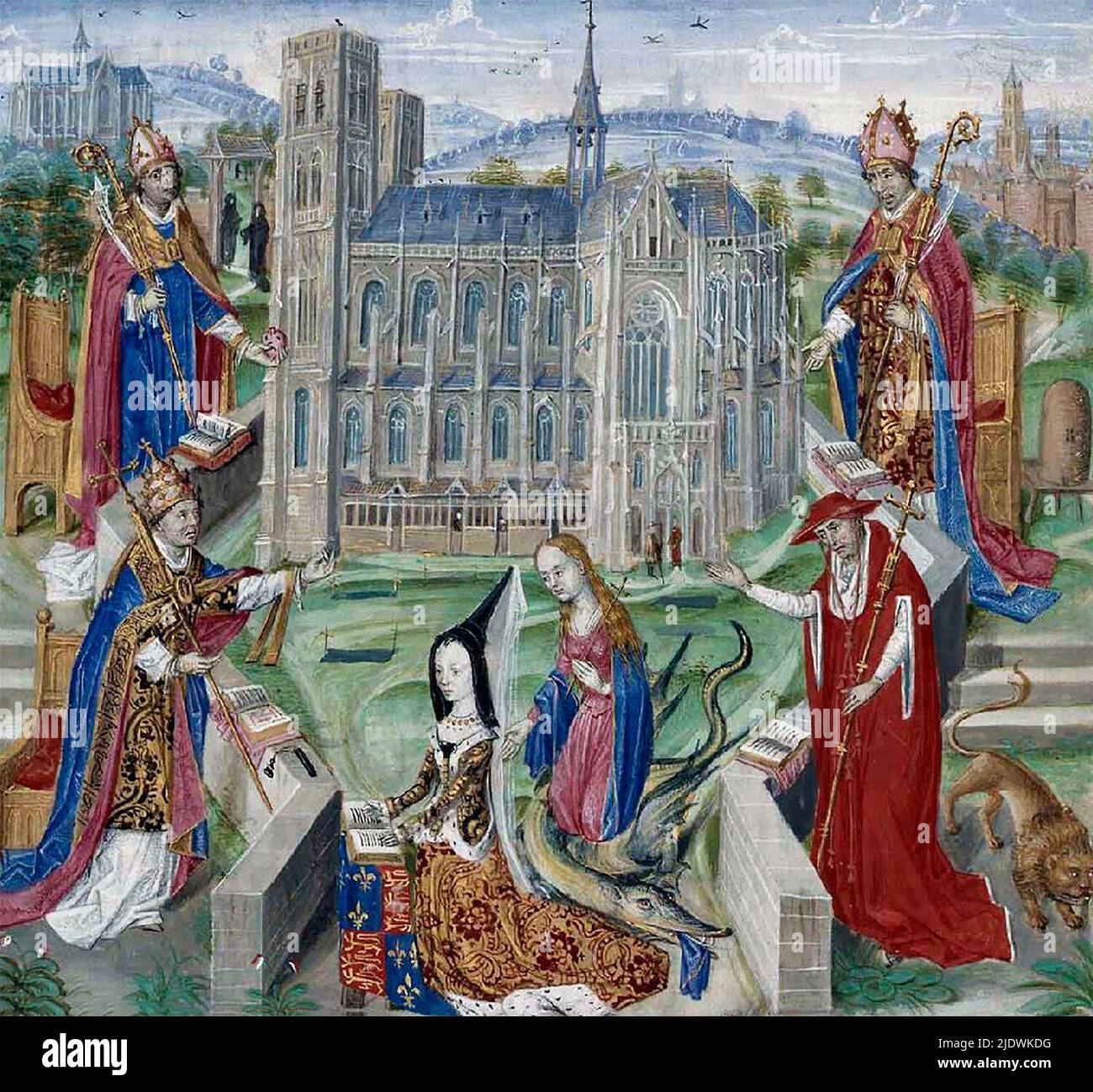 Miniatur der Margarete von York, die vor der Saint Gudula Kirche in Brüssel betet. Der architektonische Hintergrund ist die erste getreue Darstellung eines Gebäudes in einem Manuskript aus der burgundischen Zeit. Links ist auch die Kirche Sablon aus dem Jahre 1468 zu sehen Stockfoto