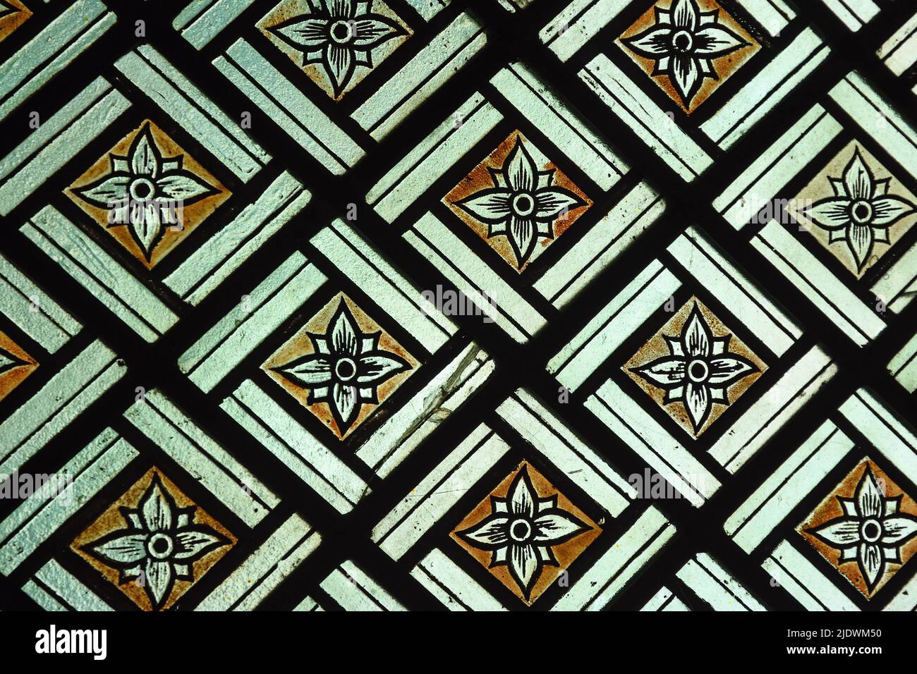 Fleck Glass Muster Detail Quadrate und Blume in schwarz weiß und Gold. Stockfoto