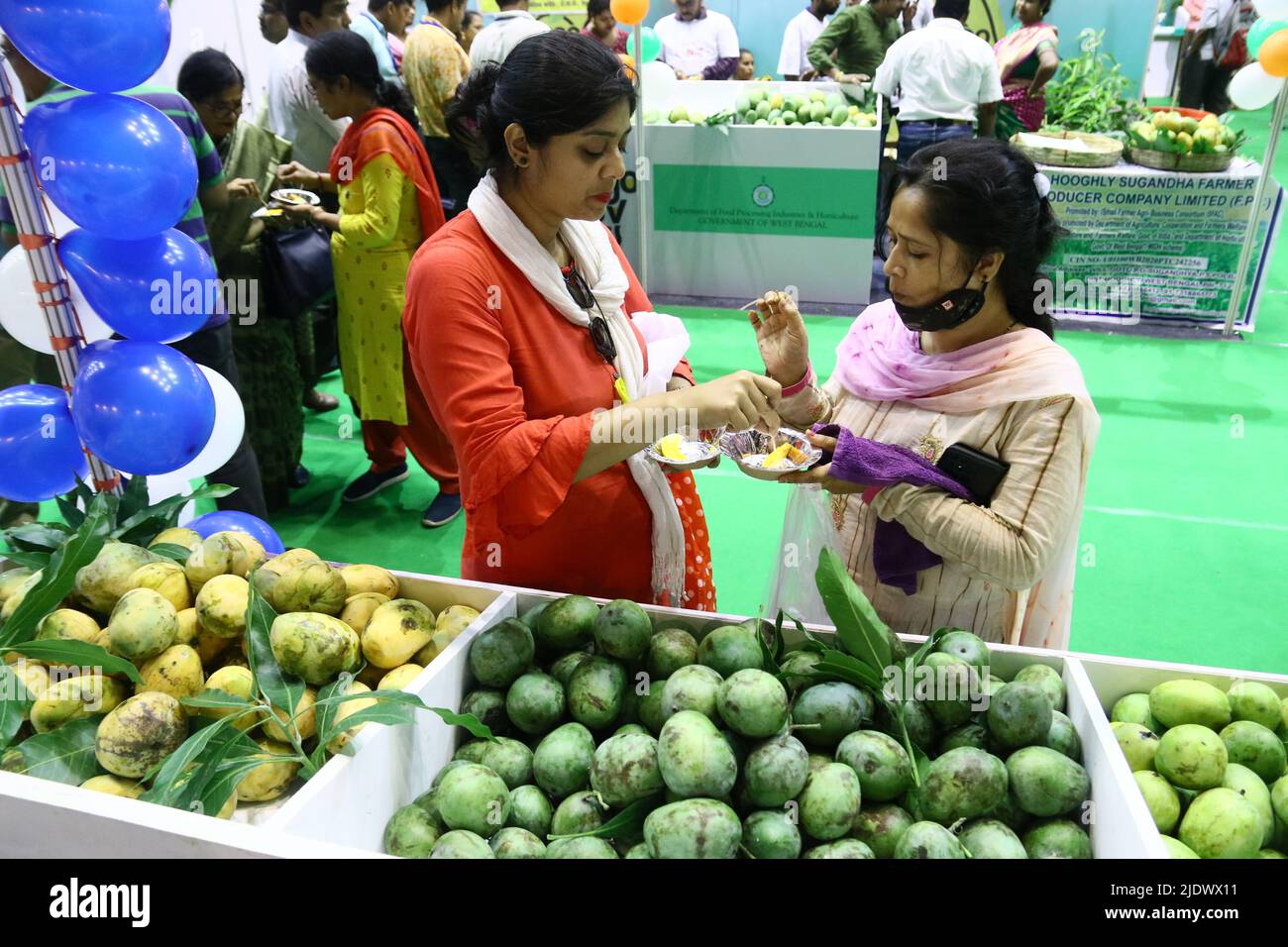 Die Eröffnungssitzung von Bengalen Mango Utsav 2022 wurde vom Bürgermeister von Kalkutta, Shri Firhad Hakim, Herrn Subrata Saha Hon'ble Minister for Food Processing Industries & Horticulture, Government of West Bengal, Dr. Subrata Gupta zusätzlicher Chief Secretary, Department of Food Processing Industries and Horticulture, Regierung von Westbengalen, Sovandeb Chattopadhyay, Minister für Strom und nichtkonventionelle Energie, Regierung von Westbengalen und Dr. Rajeev Singh, Generaldirektor der indischen Handelskammer. Bengal Mango Utsav von 2012 und mit dem Ziel, die Bengalen Mango und Mango zu fördern Stockfoto