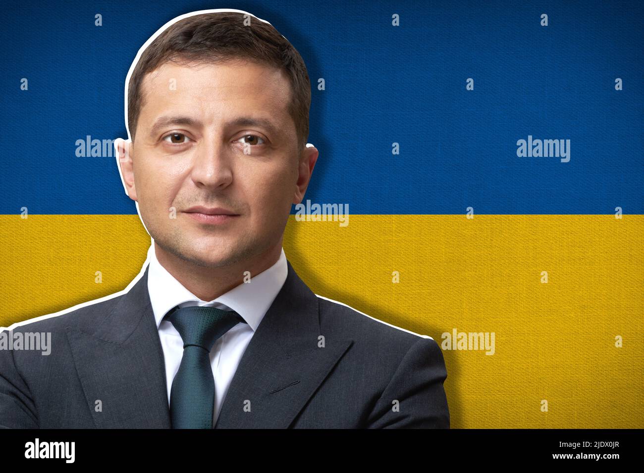 Wolodymyr Zelenski und ukrainische Flagge Stockfoto