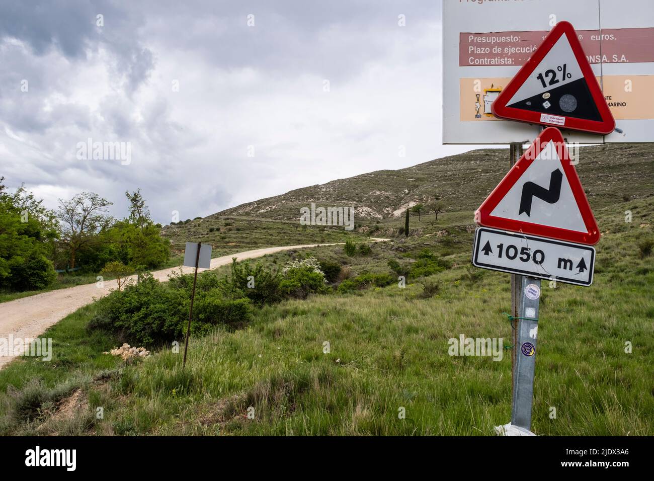 Spanien, Castilla y Leon, in der Nähe von Castrojeriz. Schild mit 12%-Note auf dem Camino de Santiago. Stockfoto