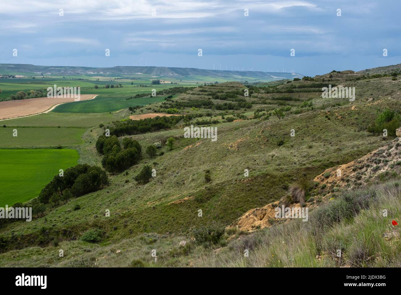 Spanien, Kastilien und Leon. Blick auf die Landschaft beim Aufstieg des Camino de Santiago in der Nähe von Castrojeriz. Windmühlen säen den Grat in der Ferne. Stockfoto