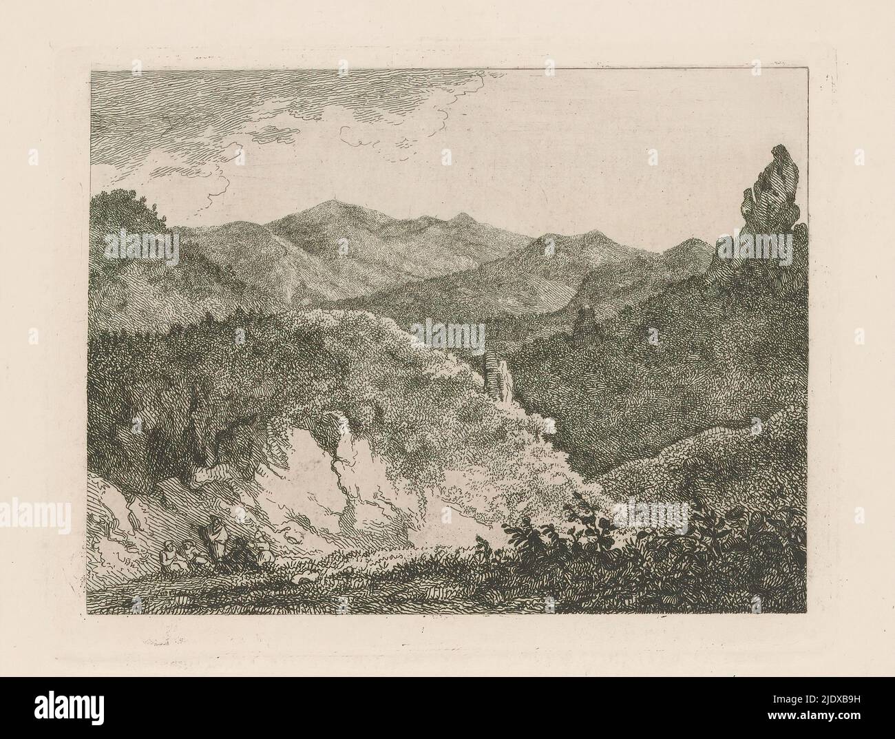 Berglandschaft am Abend, Suite de Six paysages dessiné par la PR. sse Madame Thérèse Jablonowska (Serientitel), Druckerei: Marie Anna Fischer, nach Zeichnung von: Therèse Jablonowska, Marie Anna Fischer, 1779 - 1807, Papier, Radierung, Höhe 166 mm × Breite 214 mm Stockfoto