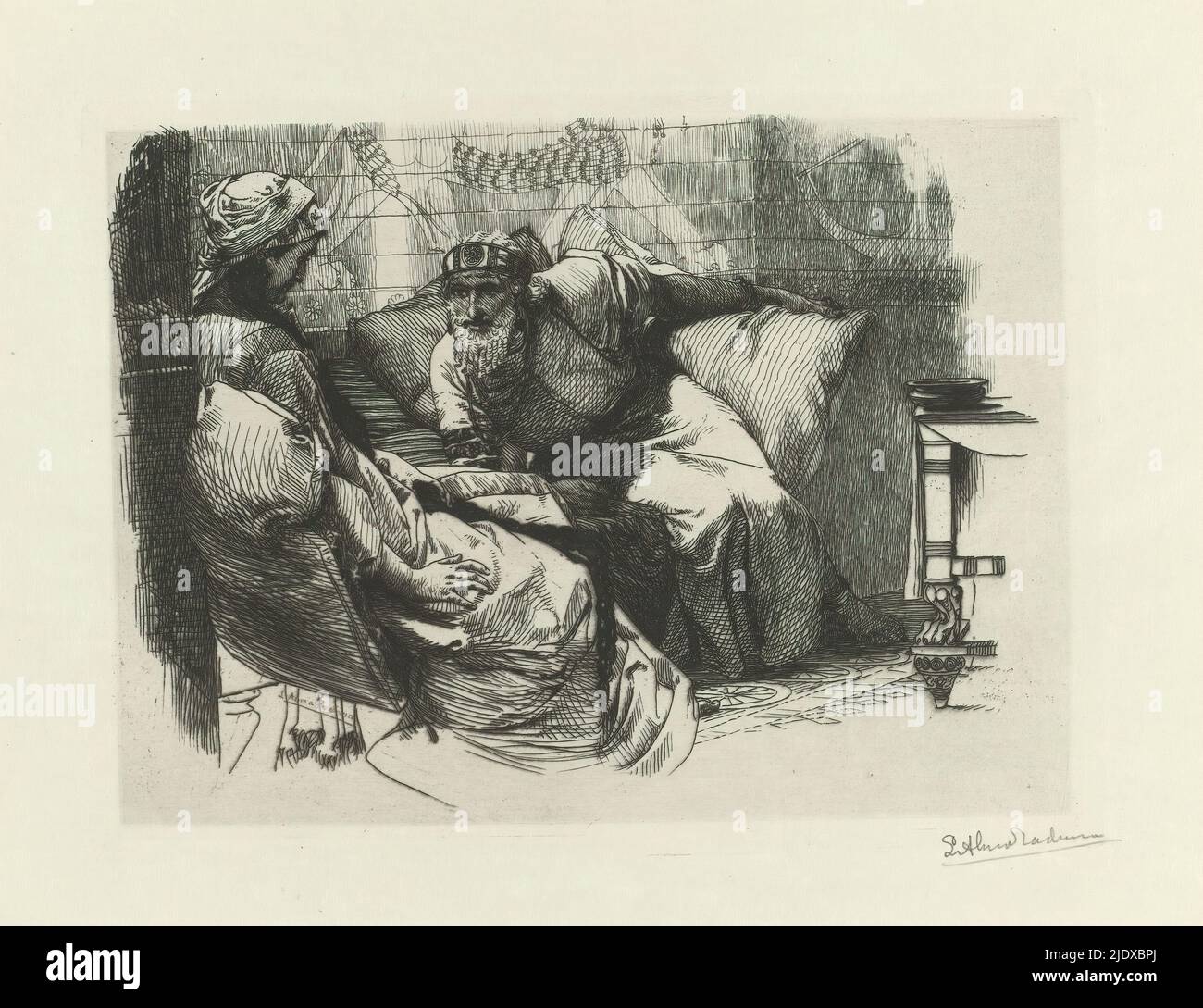 Zwei Menschen, Ein bärtiger Mann auf einem Sofa, sieht eine Frau mit einem langen Zopf an., Druckerei: Lourens Alma Tadema, (signiert von Künstler), London, 1882, Papier, Ätzung, Höhe 147 mm × Breite 201 mm Stockfoto