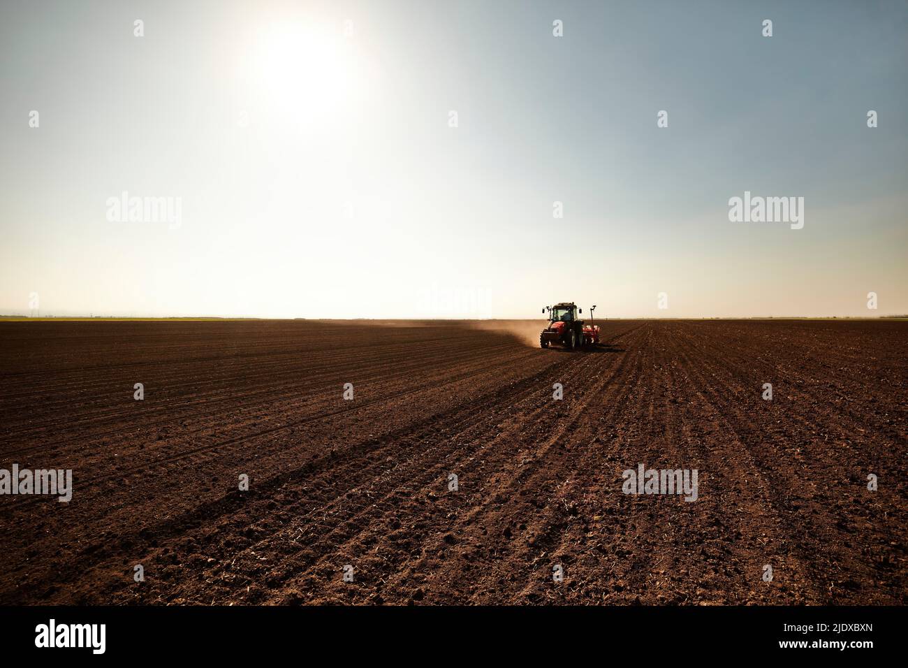 Traktor sät Samen auf Sojabohnenfarm Stockfoto