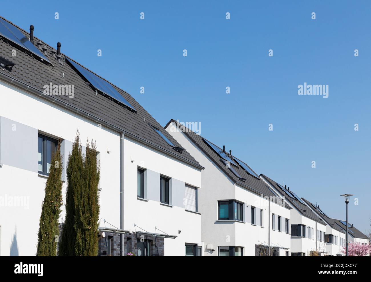 Deutschland, Nordrhein-Westfalen, Köln, Reihe identischer Häuser in modernem Vorort Stockfoto