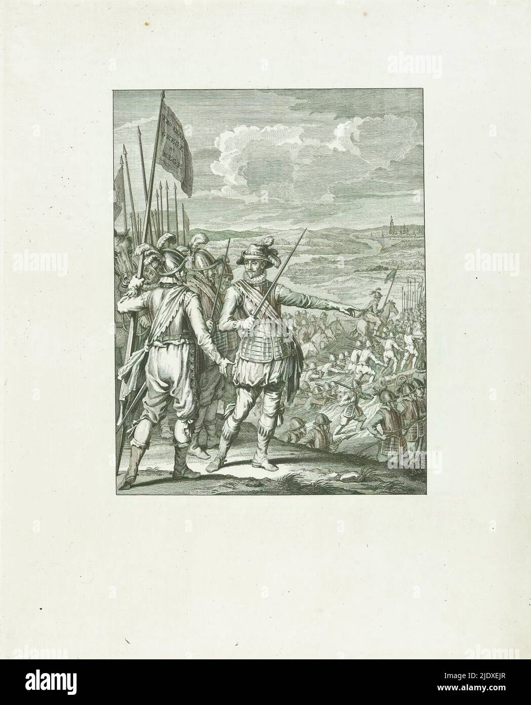Die Fürstenarmee kreuzt die Maas, 1568, Overtogt over the Mause / I. zang (Titel auf Objekt), Szenen aus dem Leben von Prinz Wilhelm I., 1568-1584 (Serientitel), Kunsttafeln aus dem Epos Willem den Eersten, in vier en twintig zangen by den Nederlandschen dichter J.. Nomsz. (Serientitel auf Objekt), Wilhelm von Orange, im Vordergrund unter seinen Offizieren stehend, zeigt seine Armee den Weg, als sie die Maas überqueren, Oktober 1568. Erster Song., Druckerei: Theodoor Koning, nach Gestaltung von: Jacobus Buys, nach Zeichnung von: Jacobus Buys, Druckerei: Nord-Niederlande, Verleger: Am Stockfoto