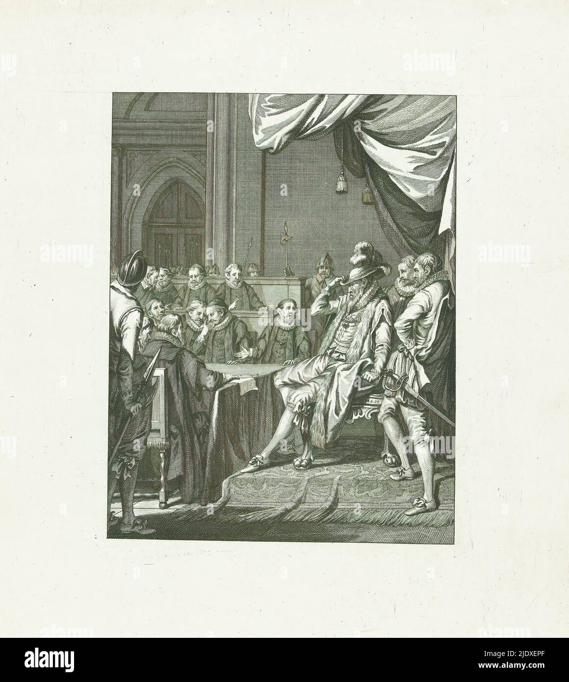 Alva fordert den zehnten Penning, 1569, Vardering v.d. Tienden Penning / IV. Lied (Titel auf Objekt), Szenen aus dem Leben von Prinz Wilhelm I., 1568-1584 (Serientitel), Kunsttafeln zum heroischen Gedicht Willem den Eersten, in vier en twintig zangen door den Nederlandschen dichter J. Nomsz. (Serientitel auf Objekt), der Herzog von Alva fordert die zehnte Penning in einem Treffen der Staaten, 1569. Vierter Song., Druckerei: Theodoor Koning, nach Gestaltung von: Jacobus Buys, nach Zeichnung von: Jacobus Buys, Druckerei: Nordniederland, Verlag: Amsterdam, Verlag: Amsterdam, Verlag: Amste Stockfoto