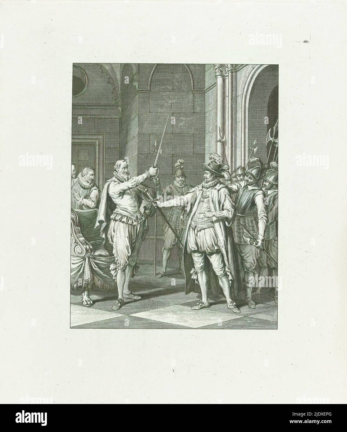 Egmond gibt sein Schwert an Alva, 1567, Capture v.d. G.v. Egmond / II. Lied (Titel auf Objekt), Szenen aus dem Leben von Prinz William I., 1568-1584 (Serientitel), Kunsttafeln aus dem Epos Willem den Eersten, in vier en twintig zangen door den Nederlandschen dichter J. Nomsz. (Serientitel auf Objekt), bei seiner Verhaftung übergibt der Graf von Egmond sein Schwert an Alva, 10. September 1567. Zweites Lied., Druckerei: Theodoor Koning, nach Gestaltung von: Jacobus Buys, nach Zeichnung von: Jacobus Buys, Druckerei: Nordniederland, Verlag: Amsterdam, Verlag: Amsterdam, Verlag: Amsterdam, Stockfoto