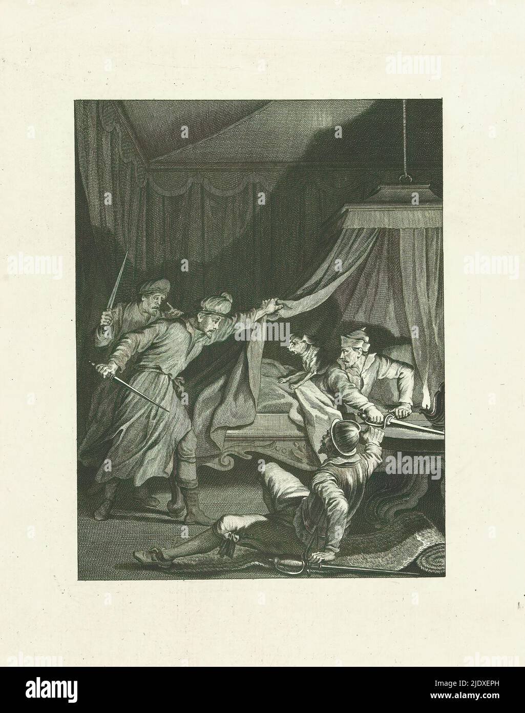 Erfolgloser Angriff auf den Prinzen von Oranien, 1572, Angriff von Alva, auf den Prinzen von Oranien / VII. Lied (Titel auf Objekt), Szenen aus dem Leben von Prinz Wilhelm I., 1568-1584 (Serientitel), Kunsttafeln zum heroischen Gedicht Willem den Eersten, In vier en twintig zangen by den Nederlandschen dichter J.. Nomsz. (Serientitel auf Objekt), erfolgloser Versuch auf den Prinzen von Oranien, der in seinem Armeezelt in Mons (Hennegau) schlief, als er durch das Bellen seines Hundes geweckt wurde, 11-12. September 1572. Siebtes Lied., Druckerei: Theodoor Koning, nach Gestaltung von: Jacobus Buys, nach Zeichnung von: Stockfoto