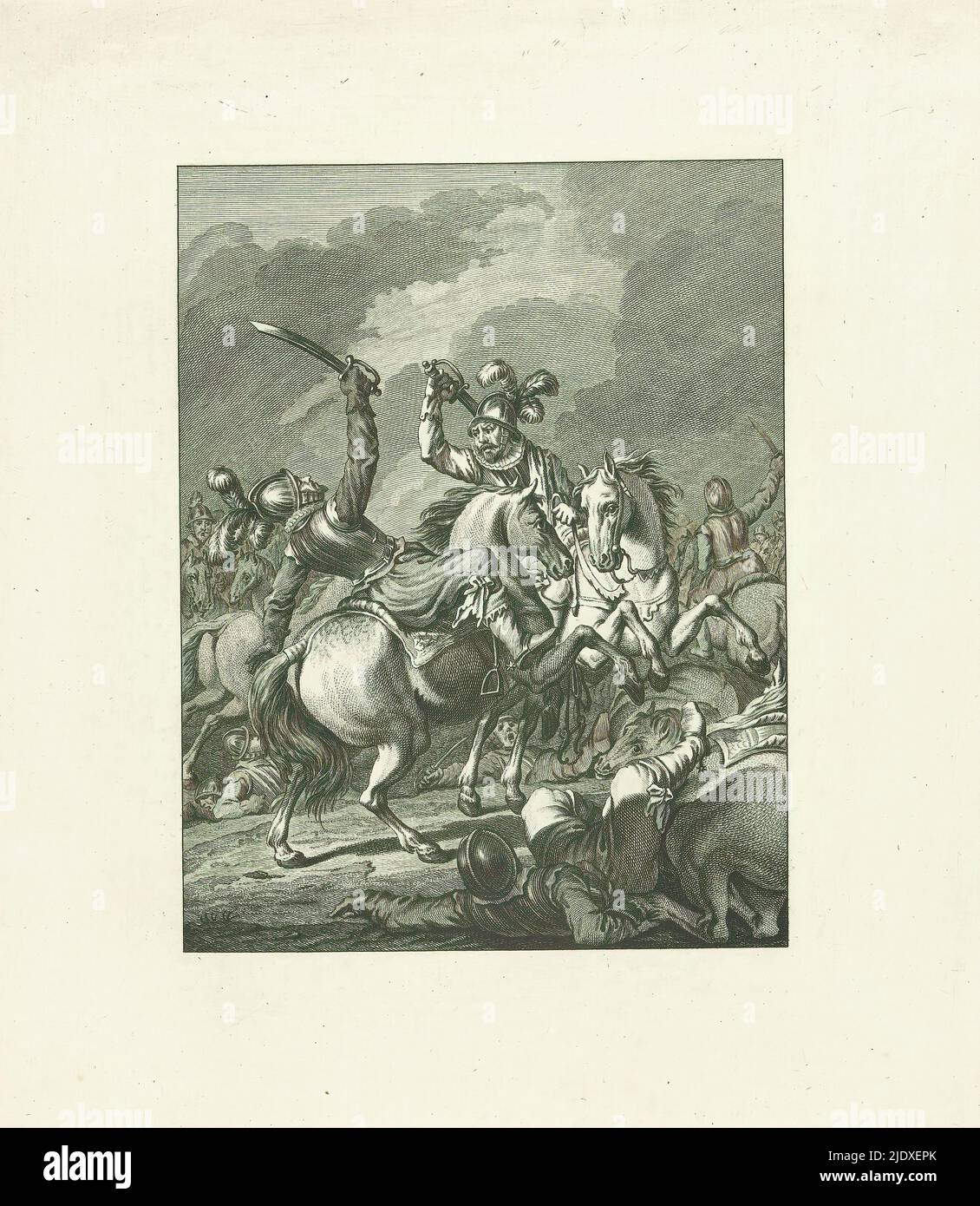 Kampf zwischen Romero und Hendrik van Nassau in Mons, 1572, Kampf zwischen Graf Hendrik und Romero / VI. Lied (Titel auf Objekt), Szenen aus dem Leben von Prinz Wilhelm I., 1568-1584 (Serientitel), Kunsttafeln zum Epos Willem den Eersten, In vier en twintig zangen door den Nederlandschen dichter J. Nomsz. (Serientitel auf Objekt), Schlacht zwischen Romero und Heinrich, Graf von Nassau, beide zu Pferd, bei der Schlacht von Mons, 1572. Sechster Song., Druckerei: Theodoor Koning, nach Gestaltung von: Jacobus Buys, nach Zeichnung von: Jacobus Buys, Druckerei: Nord-Niederlande, Verleger: Am Stockfoto