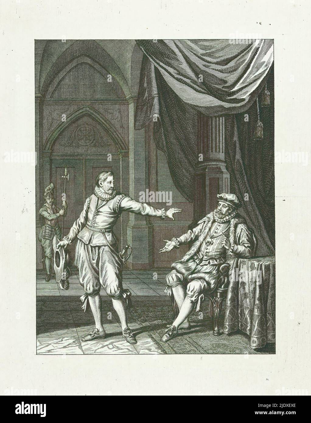 Mondragon weigert sich, den Requesens zu dienen, solange Aldegonde noch ein Gefangener ist, 1574, Abschied von Mondragon und Requesens / XII. Lied (Titel auf Objekt), Szenen aus dem Leben von Prinz Wilhelm I., 1568-1584 (Serientitel), Kunsttafeln zum Epos Willem den Eersten, In vier en twintig zangen by den Nederlandschen dichter J. Nomsz. (Serientitel auf Objekt), Mondragon weigert sich, den Requesens zu dienen, während Philipp von Marnix, lord of Sint-Aldegonde, noch immer ein Gefangener ist, 1574. Zwölftes Lied., Druckerei: Theodoor Koning, nach Entwurf von: Jacobus kauft, nach Zeichnung von: Jacobus kauft, Druckerei Stockfoto