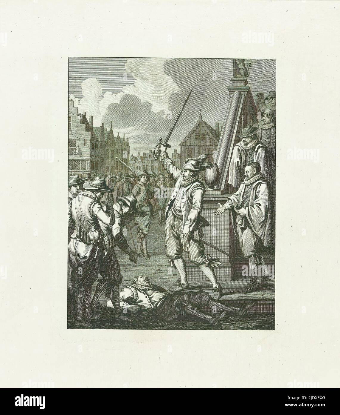 Ruychaver an der Leiche eines spanischen Ratsherrn in Alkmaar, 1573, Freche Tat von Ruighaver, / IX. Lied (Titel auf Objekt), Szenen aus dem Leben von Prinz Wilhelm I., 1568-1584 (Serientitel), Kunsttafeln zum heroischen Gedicht Willem den Eersten, In vier en twintig zangen door den Nederlandschen dichter J.. Nomsz. (Serientitel auf Objekt), Nicolaas Ruychaver an der Leiche eines spanischen Ratgebers, den er aus dem Fenster warf, Alkmaar 1573. Neuntes Lied., Druckerei: Theodoor Koning, nach Gestaltung von: Jacobus kauft, nach Zeichnung von: Jacobus kauft, Druckerei: Nordniederland, Verleger Stockfoto