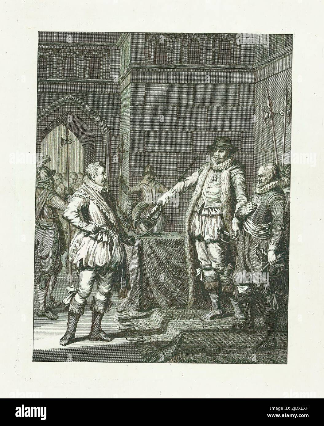 Orange gibt Bossu in Hoorn sein Schwert zurück, 1573, Capture of Bossu / X. zang (Titel auf Objekt), Szenen aus dem Leben von Prinz William I., 1568-1584 (Serientitel), Kunsttafeln zum epischen Gedicht Willem den Eersten, in vier en twintig zangen door den Nederlandschen dichter J. Nomsz. (Serientitel auf Objekt), Wilhelm von Orange gibt Bossu in Hoorn sein Schwert zurück, 1573. Zehntes Lied., Druckerei: Theodoor Koning, nach Gestaltung von: Jacobus Buys, nach Zeichnung von: Jacobus Buys, Druckerei: Nordholländer, Verlag: Amsterdam, Verlag: Amsterdam, Verlag: Amsterdam, 1781, Papier usw. Stockfoto