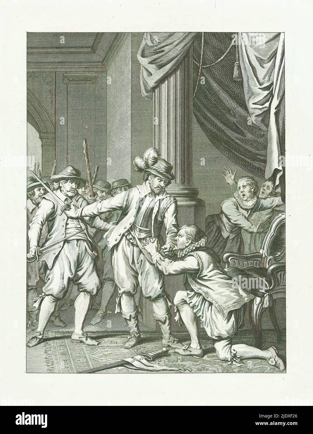 Burgemeester Aerschot beschermd door Ryhove, 1577, handeling van Riehoven omtrent Aarschot / XIX. zang (Titel auf Objekt), Taferelen uit het leven van prins Willem I, 1568-1584 (Serientitel), Kunstplatten gehorende tot het herdendacht Willem den Eersten, in vier en twintig zangen door den Nederlandsschen dichz. (Serientitel zum Objekt), Aerschot, burgemeester van Gent, beschermd door François van Ryhove tegen de oppstandige inwoners, 1577. Neunzehnte Lied., Druckerei: Theodoor Koning, nach Gestaltung von: Jacobus kauft, nach Zeichnung von: Jacobus kauft, Druckerei: Nordniederland, pu Stockfoto