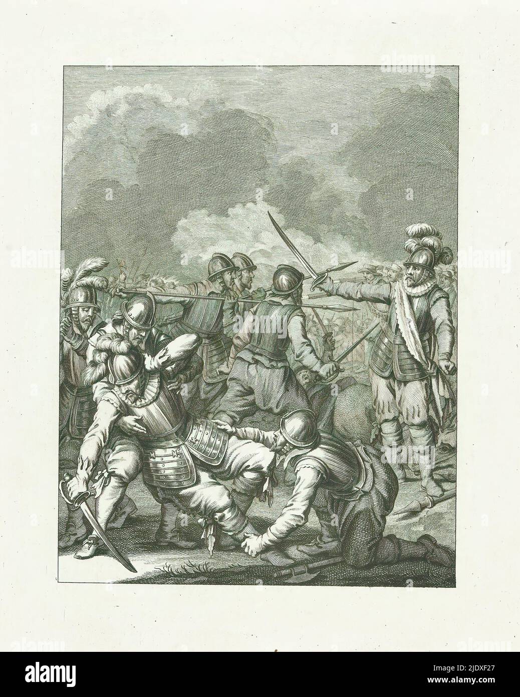 Death of Charles de Boisot, 1575, Death of Boisot / XVII. Song (Titel auf Objekt), Szenen aus dem Leben von Prinz William I., 1568-1584 (Serientitel), Kunsttafeln aus dem Epos Willem den Eersten, in vier en twintig zangen von den Nederlandschen dichter J. Nomsz. (Serientitel auf Objekt), Tod von Charles de Boisot auf dem Schlachtfeld während eines Kampfes mit Mondragon, 29. September 1575. Siebzehnte Lied., Druckerei: Theodoor Koning, nach Gestaltung von: Jacobus Buys, nach Zeichnung von: Jacobus Buys, Druckerei: Nord-Niederlande, Verlag: Amsterdam, Verlag: Amsterdam, Verlag: Amster Stockfoto