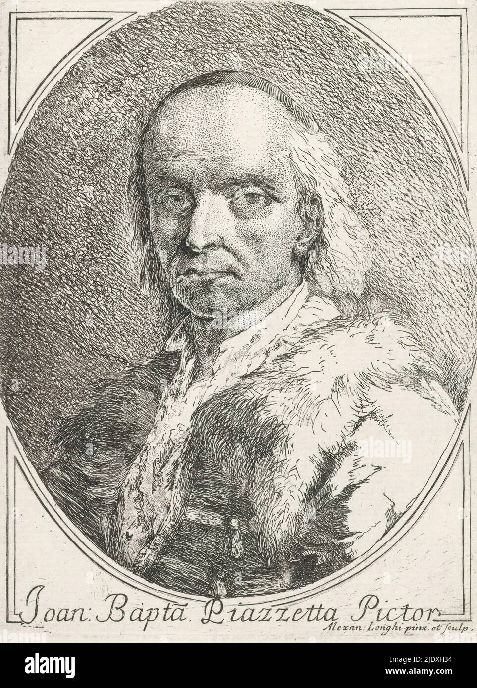 Porträt des Malers Giovanni Battista Piazzetta, Druckerei: Alessandro Longhi, (auf Objekt erwähnt), nach Malerei von: Alessandro Longhi, (auf Objekt erwähnt), Italien, 1743 - 1813, Papier, Ätzung, Höhe 192 mm × Breite 147 mm Stockfoto