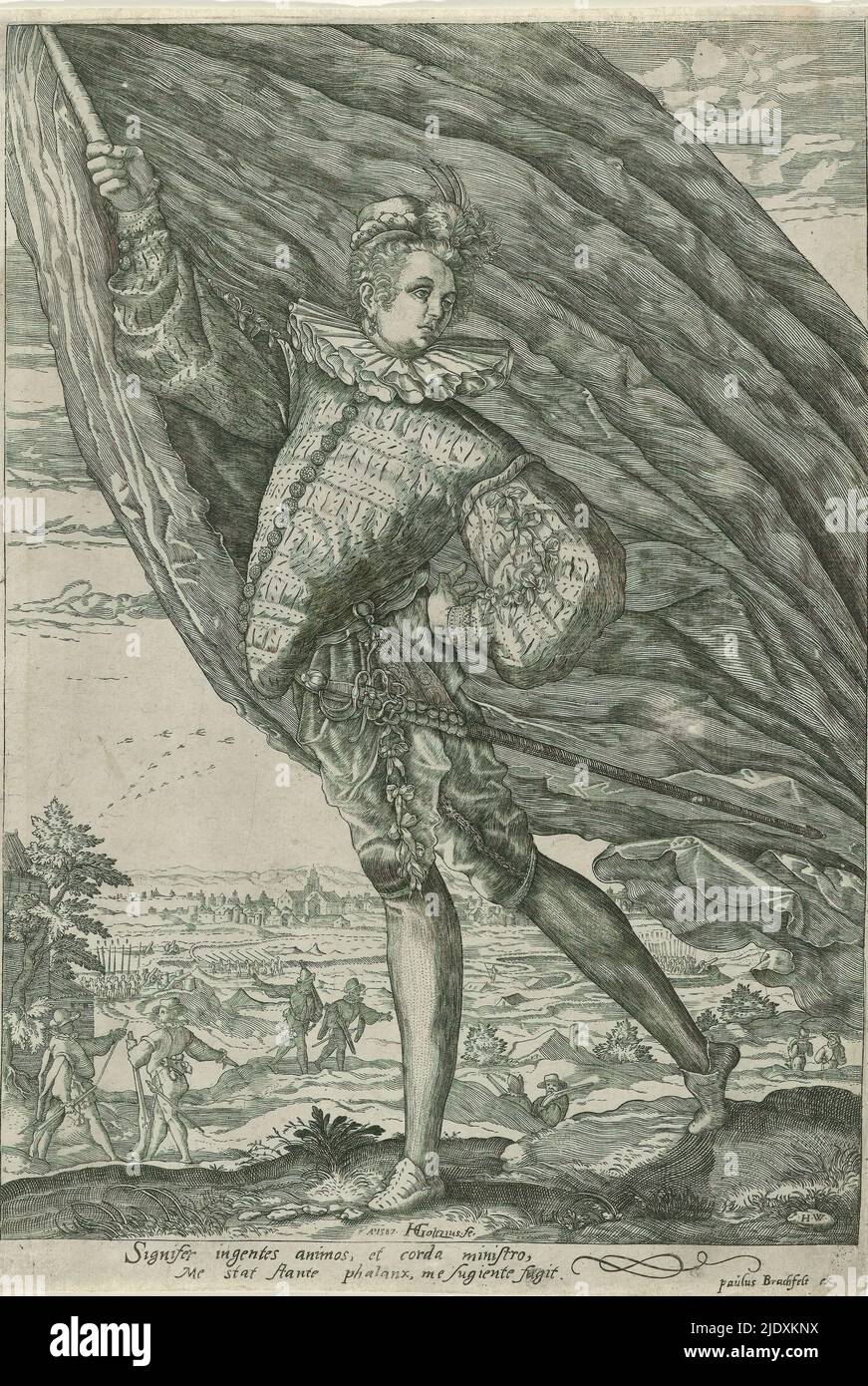 Pennant Carrier, Druckerei: Heinrich Wirich, (auf Objekt erwähnt), nach Druck von: Hendrick Goltzius, (auf Objekt erwähnt), Verlag: Paulus Brachfelt, (auf Objekt erwähnt), 1587, Papier, Gravur, Höhe 284 mm × Breite 193 mm Stockfoto