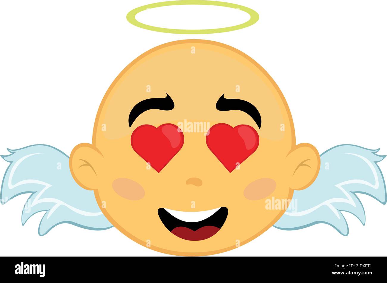 Vektor-Illustration des Gesichts eines gelben Zeichentrickengels, mit einem Ausdruck von Liebe und Augen in Form von Herzen Stock Vektor