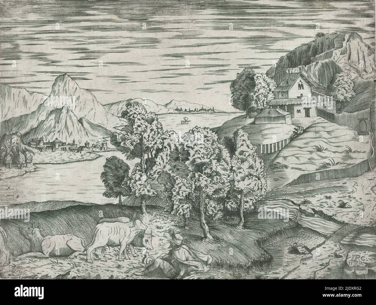 Landschaft mit Schäfer, hügelige Landschaft mit Fluss. Im Vordergrund ein Hirte mit einigen Ochsen., Druckerei: Giovanni Paolo Cimerlini, (auf Objekt erwähnt), Italien, 1570, Papier, Gravur, Höhe 184 mm × Breite 250 mm Stockfoto