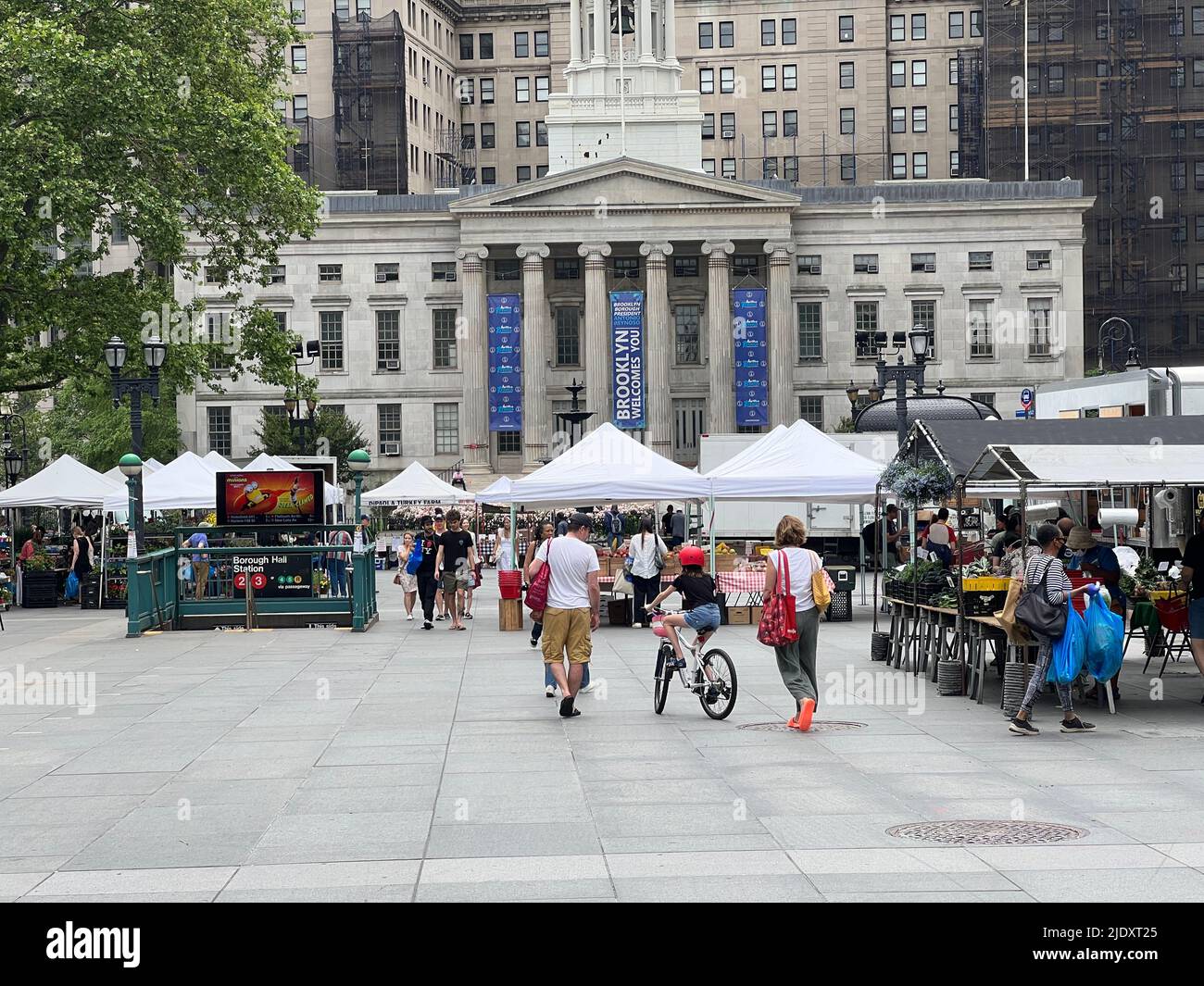 Bauernmarkt in der Innenstadt gegenüber der Brooklyn Borough Hall im Hintergrund, Brooklyn, NY. Stockfoto