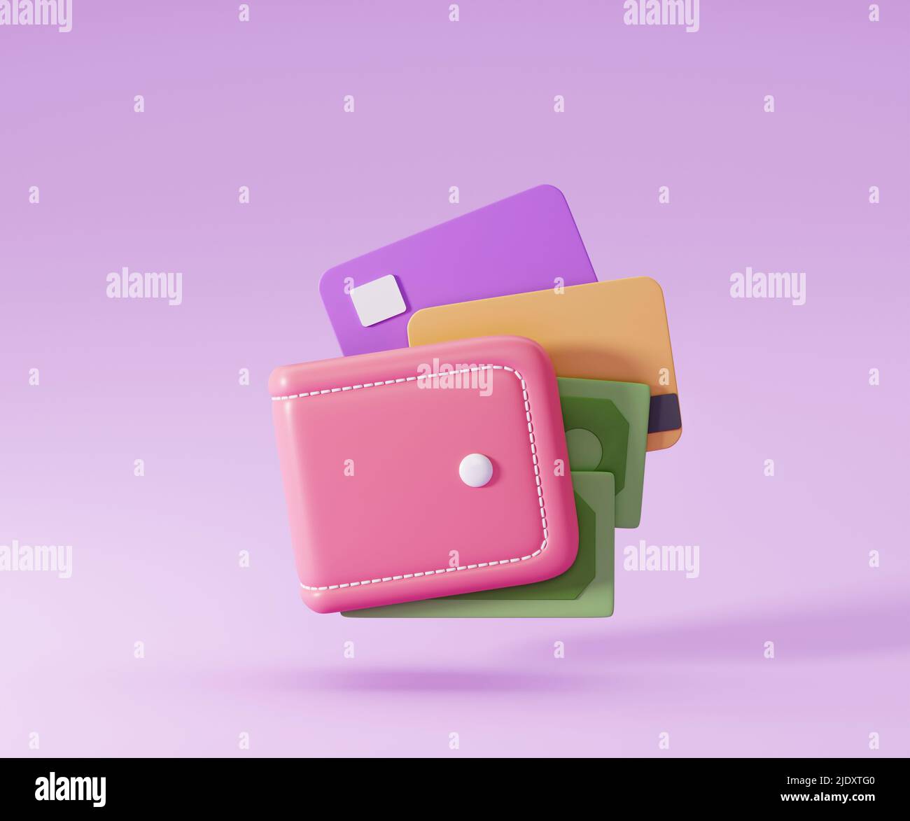 Geldsparendes Icon-Konzept. Online-Zahlung, Brieftasche, Münzstapel und Kreditkarte auf rosa Hintergrund, abbildung 3D Stockfoto