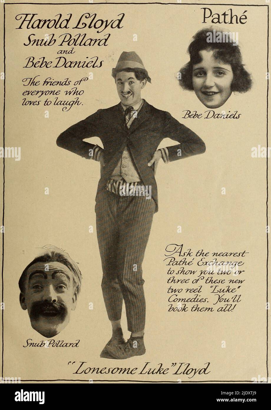Eine Werbung für den Film Lonesome Luke Harold Lloyd, Snub Pollard und Bebe Daniels aus dem Jahr 1917 Stockfoto