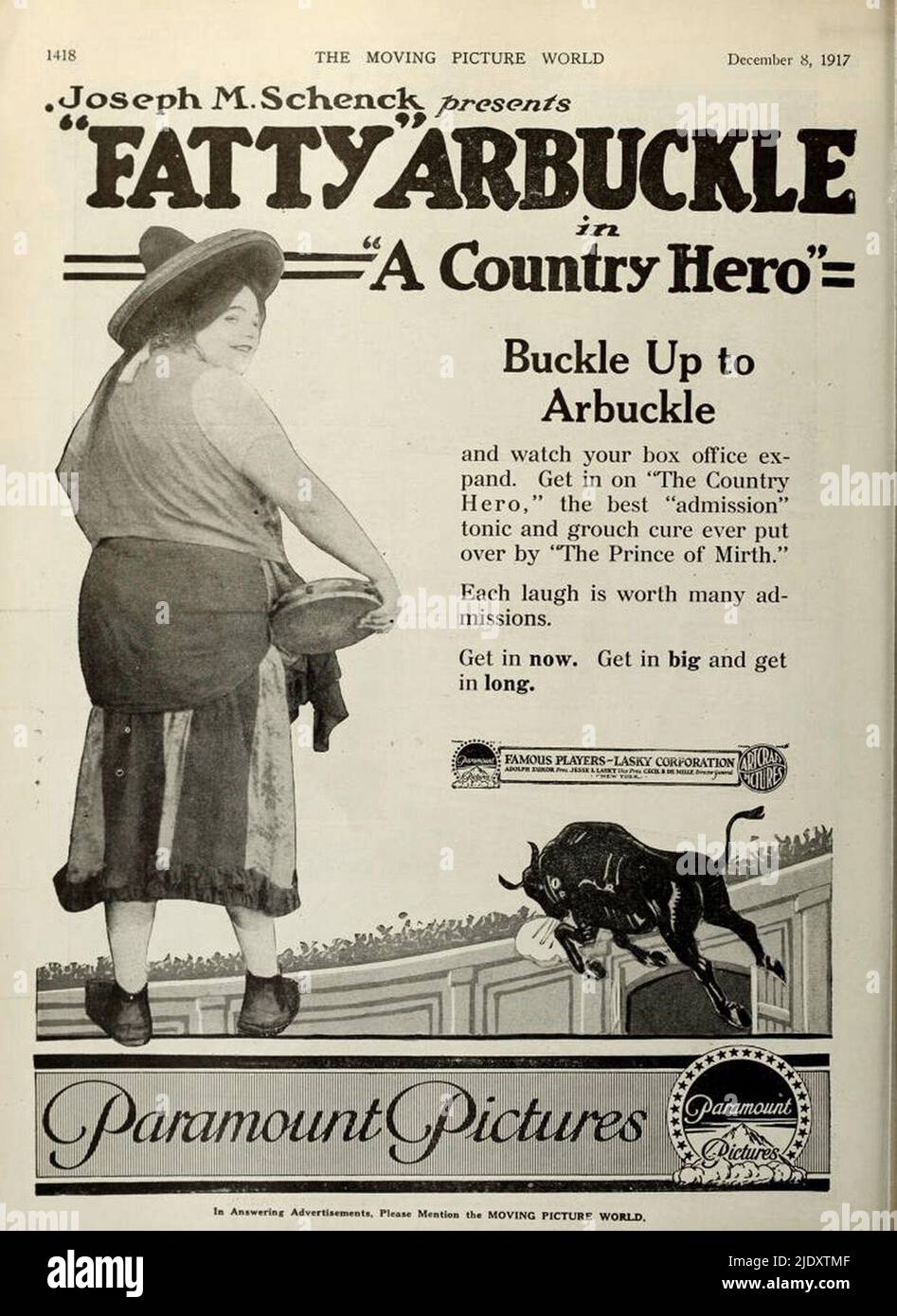 Eine Werbung für den 1917 Fatty Arbuckle Film A Country Hero . Stockfoto