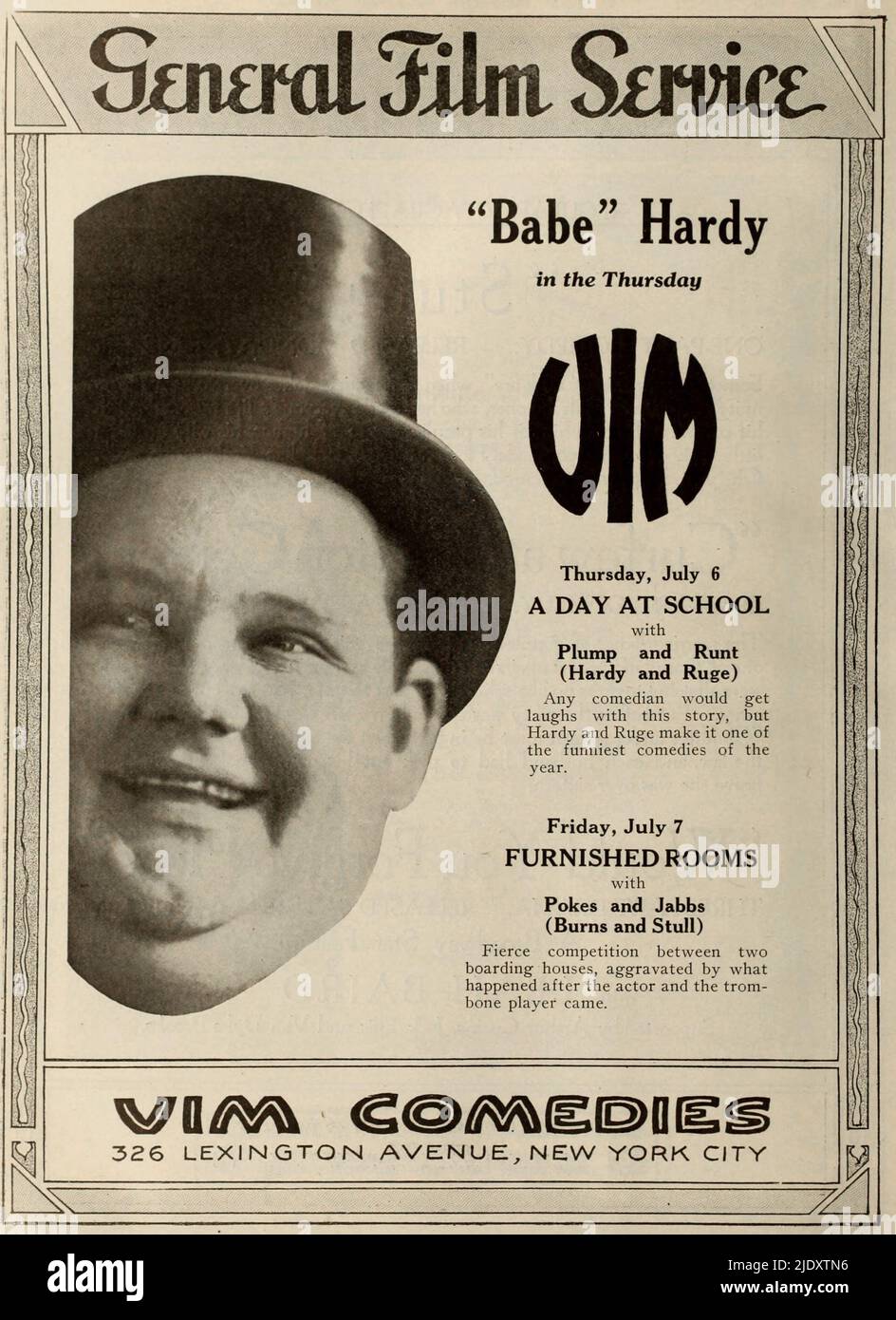 Werbung für den 1916 von Oliver Hardy (damals als Babe Hardy bekannt) Film A Day at School. Dies war Teil der Plump & Runt Serie und zeigt einen jungen Oliver Hardy, bevor er Stan Laurel traf Stockfoto