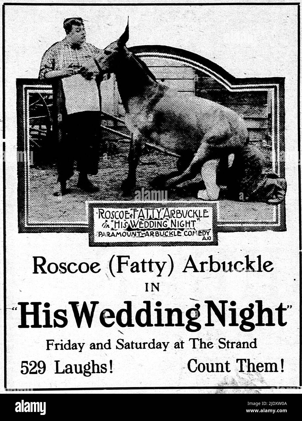 Eine Werbung für den 1917 Fatty Arbuckle Film An His Wedding Night. Stockfoto