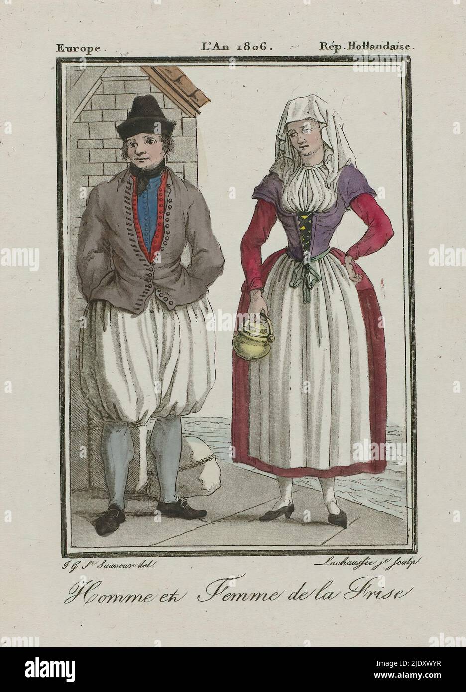 Europa, Rép.Hollandaise, L'an 1806 : Homme et Femme de la Frise, Mann und Frau in Kostüm aus Friesland., Druckerei: Lachaussée, (auf Objekt erwähnt), nach Zeichnung von: Jacques Grasset de Saint Sauveur, (auf Objekt erwähnt), 1806, Papier, Radierung, Höhe 162 mm × Breite 114 mm Stockfoto